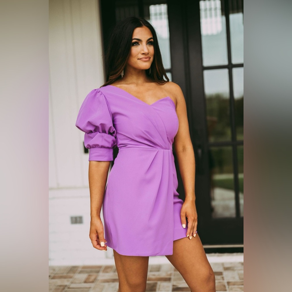 One Shoulder Puff Sleeve Mini Dress Purple